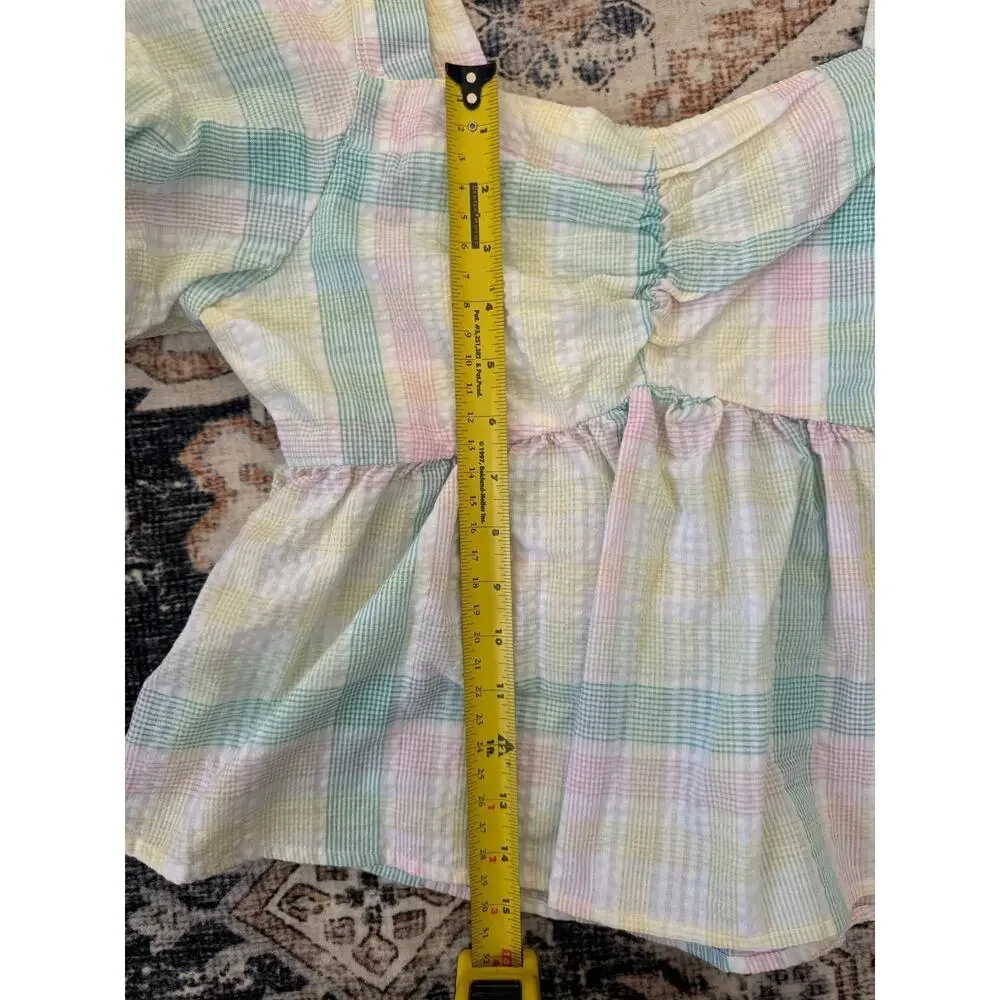 Puff Sleeve Peplum Babydoll Smocked Seersucker‎ Blouse Size M